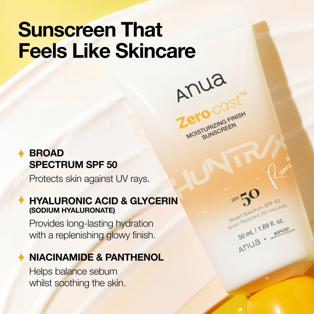 Anua, Zero-Cast Moisturizing Sunscreen SPF 50, Glow Natural Sunscreen for face, No White Cast, Hyaluronic Acid, Niacinamide, Oil-Free, Korean Skincare, 1.69 fl oz