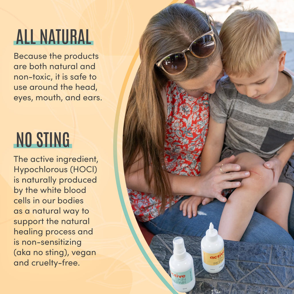 Active Skin Repair First Aid Healing Skin Spray - Natural & Non-Toxic with Hypochlorus Acid for Minor Cuts, Wounds, Scrapes, Rashes, Sunburns, & More, 3 oz